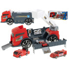 Transporterio sunkvežimis TIR 2in1 automobilių stovėjimo aikštelė, gaisrinė + 3 automobiliai raudona