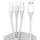 USB 3in1 micro USB, USB-C, Lightning kabelis 1 m, baltas