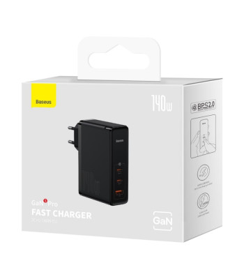 Baseus sieninis įkroviklis GaN5 Pro PD 140W 2x USB-C 1x USB juodas + USB-C - USB-C 240W laidas