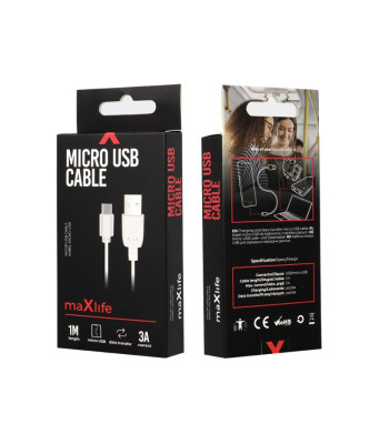 Maxlife kabelis USB - microUSB 1,0 m 3A baltas