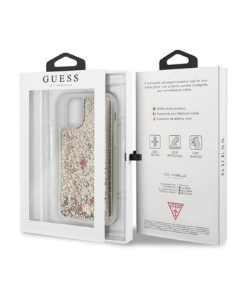 Guess dėklas iPhone 11 Pro GUHCN58GLHREGO aukso kietas dėklas Liquid Glitter Hearts