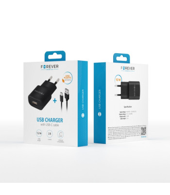 Forever TC-01 įkroviklis 1x USB 2A juodas + USB-C laidas