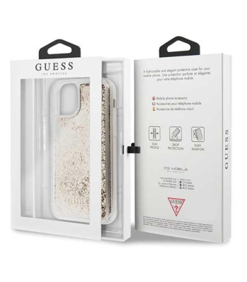 Guess dėklas iPhone 11 GUHCN61GLHFLGO auksiniam kietam dėklui Glitter Hearts