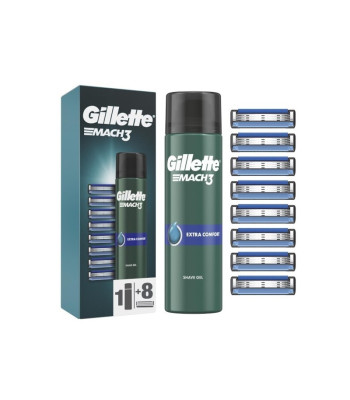 Keičiamosios galvutės "Gillette Mach3" 8 vnt. + "Extra Comfort" skutimosi gelis (skutimosi gelis) 200 ml