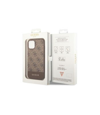 Guess dėklas for iPhone 14 Pro Max 6,7 GUHCP14XG4GLBR brown PC/TPU 4G PU dėklas with Bottom Stripe Metal Logo