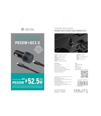 Devia automobilinis įkroviklis Extreme PD QC 1x USB-C 1x USB 52,5W black + USB-C - Lightning cable