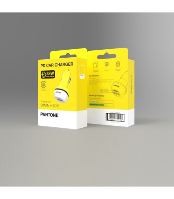 PANTONE automobilinis įkroviklis 38W PD QC 1x USB 1x USB-C PT-PDDC05 Yellow 102C