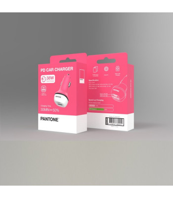 PANTONE automobilinis įkroviklis 38W PD QC 1x USB 1x USB-C PT-PDDC05 Pink 184C