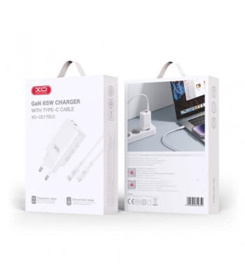 XO wall įkroviklis CE17 PD 65W 1x USB-C 1x USB white + cable USB-C - USB-C