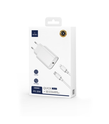 WIWU wall įkroviklis Wi-U001 PD 20W 1x USB-C white + cable USB-C - Lightning