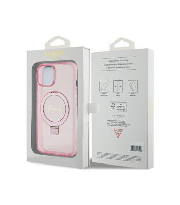 Guess dėklas for iPhone 15 Plus 6,7 GUHMP15MHRSGSP pink HC RING STAND MAGSAFE SCRIPT LOGO GLITTER