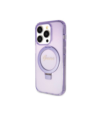 Guess dėklas for iPhone 15 Pro Max 6,7 GUHMP15XHRSGSU purple HC RING STAND MAGSAFE SCRIPT LOGO GLITTER