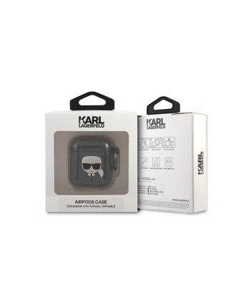 Karl Lagerfeld dėklas for Airpods 1/2 KLA2UKHGK cover black Glitter Karl`s Head