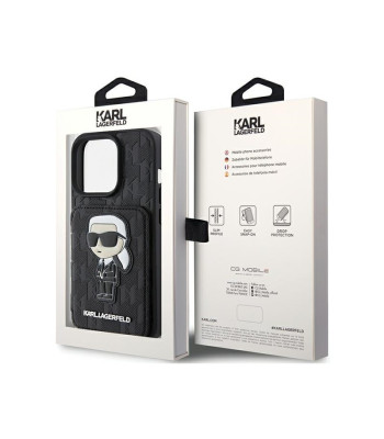 Karl Lagerfeld dėklas for iPhone 15 Pro 6,1 KLHCP15LSAKKNSCK black harddėklas Saffiano automobilinisdslots and Stand Monogram Ikonik Patch