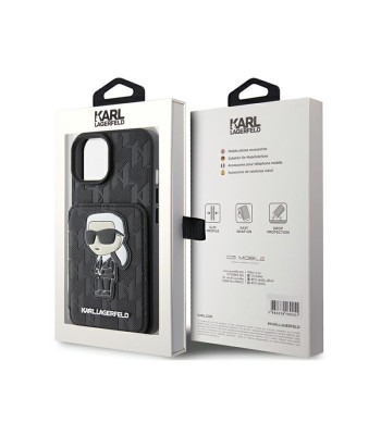 Karl Lagerfeld dėklas for iPhone 15 6,1 KLHCP15SSAKKNSCK black harddėklas Saffiano automobilinisdslots and Stand Monogram Ikonik Patch