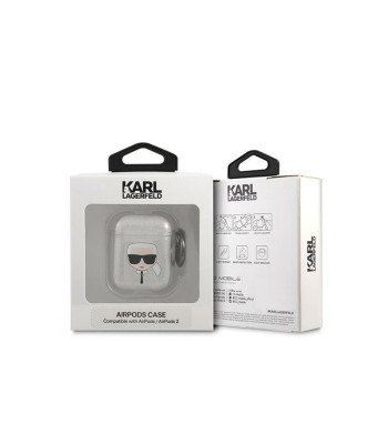 Karl Lagerfeld dėklas for Airpods 1/2 KLA2UKHGS cover silver  Glitter Karl`s Head