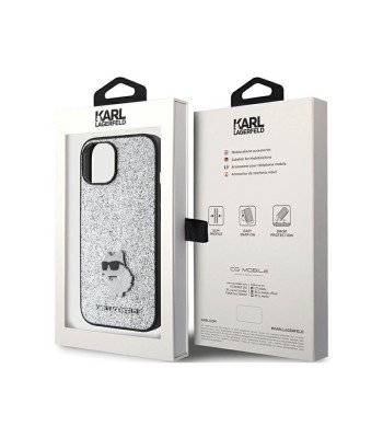 Karl Lagerfeld dėklas for iPhone 15 6,1 silver  harddėklas Fixed Glitter Choupette Logo Metal Pin