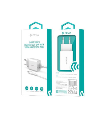 Devia wall įkroviklis Smart 2x USB 2,4A white + USB-C cable