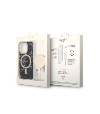 Guess set dėklas + įkroviklis for iPhone 14 Pro Max 6,7 GUBPP14XHMEACSK black hard dėklas Marble MagSafe