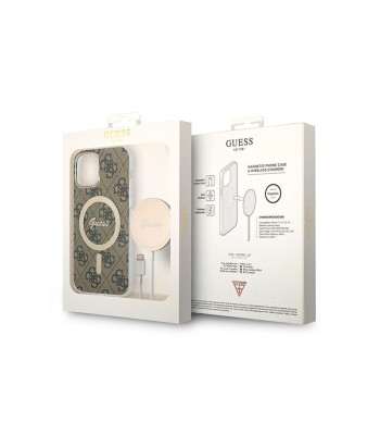 Guess set dėklas + įkroviklis for iPhone 12 / 12 Pro 6,1 GUBPP12MH4EACSW brown hard dėklas 4G Print MagSafe