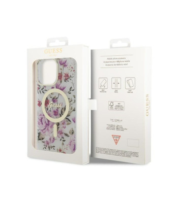 Guess dėklas for iPhone 14 Pro 6,1 GUHMP14LHCFWST transparent harddėklas Magsafe IML Flower