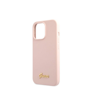 Guess dėklas for iPhone 13 Pro Max 6,7 GUHCP13XLSLMGLP pink hard dėklas Liquid Silicone Script Gold Metal Logo