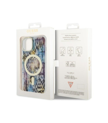 Guess dėklas for iPhone 14 6,1 GUHMP14SHLEOPWB blue hard dėklas Leopard MagSafe