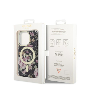 Guess dėklas for iPhone 14 Pro 6,1 GUHMP14LHCFWSK black harddėklas Magsafe IML Flower