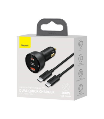 Baseus automobilinis įkroviklis Superme PD 100W 1x USB 1x USB-C black + cable USB-C - USB-C