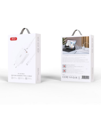 XO wall įkroviklis CE13 PD QC 3.0 65W 1x USB 2x USB-C white + USB-C - USB-C cable