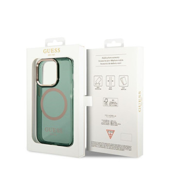 Guess dėklas for iPhone 14 Pro 6,1 GUHMP14LHTCMA khaki hard dėklas Gold Outline Translucent MagSafe