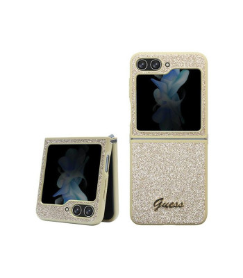 Guess dėklas for Samsung Z Flip5 GUHCZF5HGGSHD gold HC PU/TPU Glitter Script