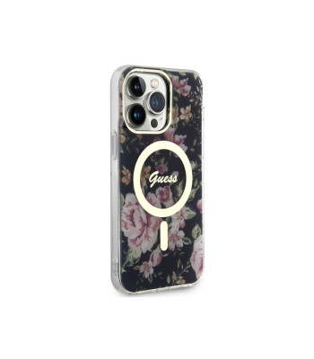 Guess dėklas for iPhone 14 Pro Max 6,7 GUHMP14XHCFWSK black harddėklas Magsafe IML Flower