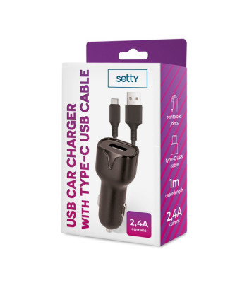 "Setty" automobilinis įkroviklis 1x USB 2,4A juodas + USB-C kabelis 1,0 m