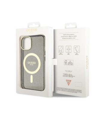 Guess dėklas iPhone 14 6,1 GUHMP14SHCMCGK juodas kietasis dėklas Magsafe IML Glitter Gold