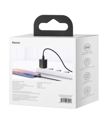 "Baseus" sieninis įkroviklis "Super Si PD" 20W 1x USB-C juodas + USB-C - Lightning kabelis