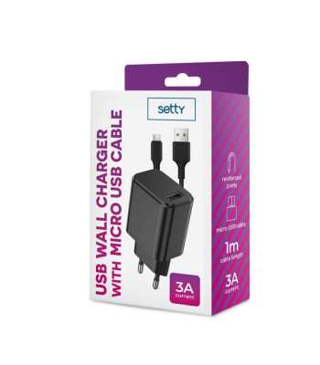 Setty įkroviklis 1x USB 3A juodas + microUSB kabelis 1,0 m