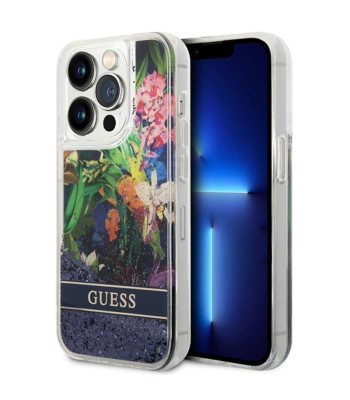 Guess dėklas iPhone 14 Pro Max 6,7 GUHCP14XLFLSB blue harddėklas Flower Liquid Glitter