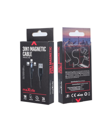 "Maxlife MXUC-02" magnetinis USB kabelis - "Lightning" + USB-C + microUSB 1,0 m 2A juodas nailonas