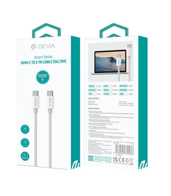 "Devia" kabelis Smart PD USB-C - USB-C 1,5 m 5A, baltas